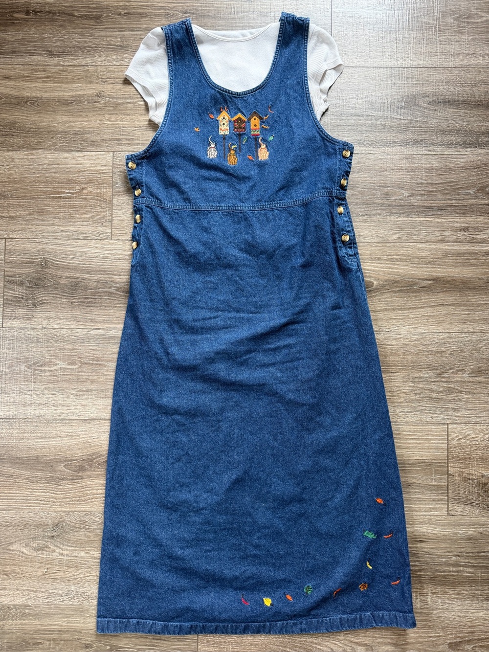 Women’s Vintage Blue Embroidered Denim Pinafore Dress